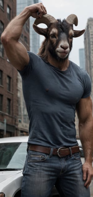 Create a goat man in tight T-shirt leaned on his car. Hands behind his head, posing, wearing tight jeans, boots, city , outdoors, looking painful, high detailed,photo r3al,Movie still, HDR, body hair, large biceps