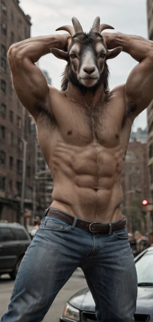 Create a goat man in tight T-shirt leaned on his car. Hands behind his head, posing, wearing tight jeans, boots, city , outdoors, abs, looking painful, high detailed,photo r3al,Movie still, HDR, body hair, large biceps