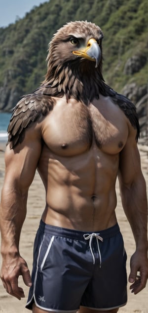 Create a tall slim man with an eagle head posing, flexkng his arms, wearing swim shorts, flip-flops, beach, outdoors, abs, high detailed,photo r3al,Movie still, HDR, body hair