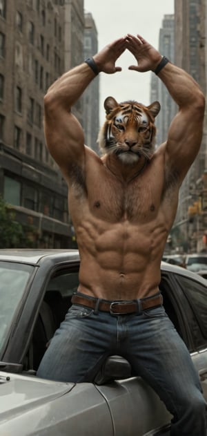 Create a tiger man in tight T-shirt leaned on his car. Hands behind his head, posing, wearing tight jeans, boots, city , outdoors, abs, looking painful, high detailed,photo r3al,Movie still, HDR, body hair