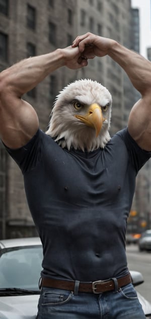 Create a man with a white eagle head in tight T-shirt leaned on his car. Hands behind his head, posing, wearing tight jeans, boots, city , outdoors, abs, looking painful, high detailed,photo r3al,Movie still, HDR, body hair, large biceps