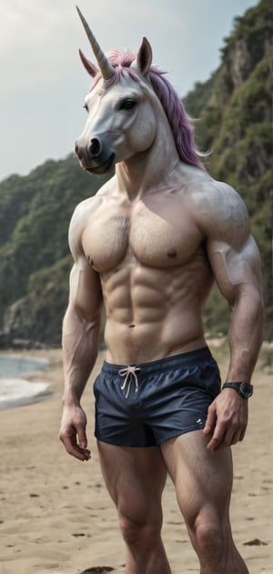 Create a tall slim man with a unicorn head posing, flexkng his arms, wearing swim shorts, flip-flops, beach, outdoors, abs, high detailed,photo r3al,Movie still, HDR, body hair