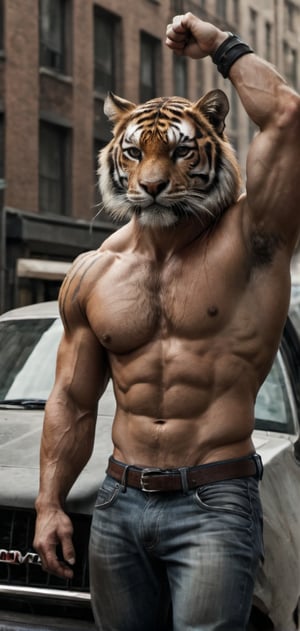 Create a tiger man in tight T-shirt leaned on his car. Hands behind his head, posing, wearing tight jeans, boots, city , outdoors, abs, looking painful, high detailed,photo r3al,Movie still, HDR, body hair, large biceps