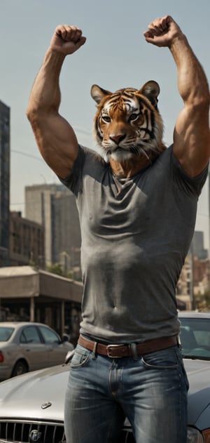 Create a tiger man in tight T-shirt leaned on his car. Hands behind his head, stretching, wearing tight jeans, boots, city , outdoors, looking painful, high detailed,photo r3al,Movie still, HDR, body hair, large biceps