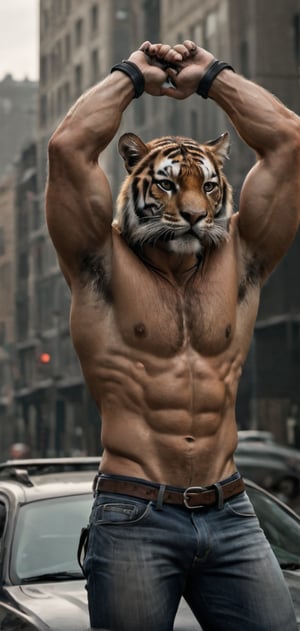 Create a tiger man in tight T-shirt leaned on his car. Hands behind his head, posing, wearing tight jeans, boots, city , outdoors, abs, looking painful, high detailed,photo r3al,Movie still, HDR, body hair, large biceps