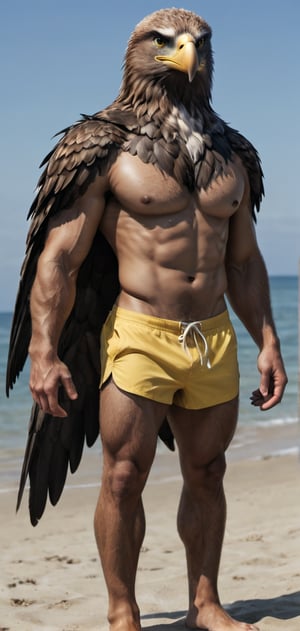 Create a tall slim man with an eagle head posing, flexkng his arms, wearing swim shorts, flip-flops, beach, outdoors, abs, high detailed,photo r3al,Movie still, HDR, body hair