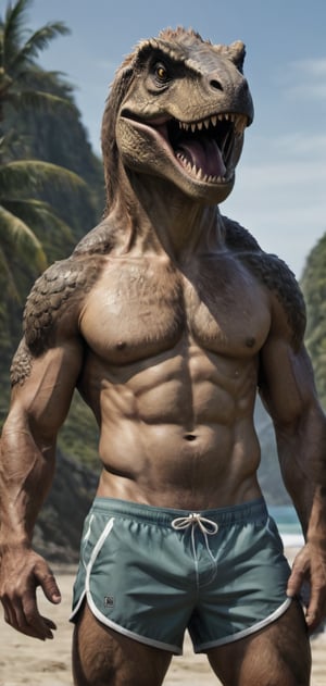 Create a tall slim man with a t-rex head posing, flexkng his arms, wearing swim shorts, flip-flops, beach, outdoors, abs, high detailed,photo r3al,Movie still, HDR, body hair