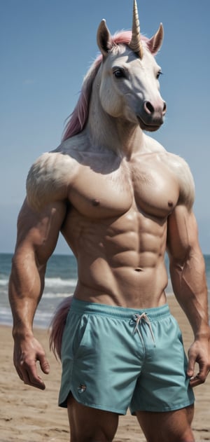 Create a tall slim man with a unicorn head posing, flexkng his biceps, wearing swim shorts, flip-flops, beach, outdoors, abs, high detailed,photo r3al,Movie still, HDR, body hair