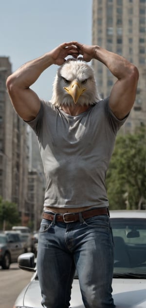 Create a man with a white eagle head in tight T-shirt leaned on his car. Hands behind his head, posing, wearing tight jeans, boots, city , outdoors, abs, looking painful, high detailed,photo r3al,Movie still, HDR, body hair