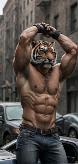 Create a tiger man in tight T-shirt leaned on his car. Hands behind his head, posing, wearing tight jeans, boots, city , outdoors, abs, looking painful, high detailed,photo r3al,Movie still, HDR, body hair, large biceps