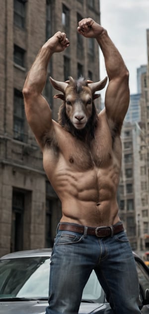 Create a goat man in tight T-shirt leaned on his car. Hands behind his head, posing, wearing tight jeans, boots, city , outdoors, abs, looking painful, high detailed,photo r3al,Movie still, HDR, body hair, large biceps