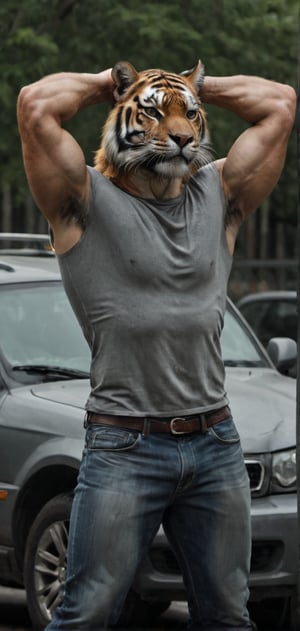 Create a tiger man in tight T-shirt leaned on his car. Hands behind his head, stretching, wearing tight jeans, boots, city , outdoors, looking painful, high detailed,photo r3al,Movie still, HDR, body hair, large biceps