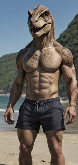 Create a tall slim man with a t-rex head posing, flexkng his arms, wearing swim shorts, flip-flops, beach, outdoors, abs, high detailed,photo r3al,Movie still, HDR, body hair