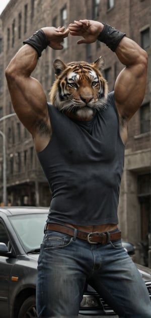 Create a tiger man in tight T-shirt leaned on his car. Hands behind his head, posing, wearing tight jeans, boots, city , outdoors, abs, looking painful, high detailed,photo r3al,Movie still, HDR, body hair, large biceps