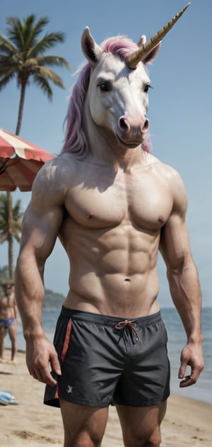 Create a tall slim man with a unicorn head posing, flexkng his arms, wearing swim shorts, flip-flops, beach, outdoors, abs, high detailed,photo r3al,Movie still, HDR, body hair