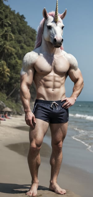 Create a tall slim man with a unicorn head posing, flexkng his arms, wearing swim shorts, flip-flops, beach, outdoors, abs, high detailed,photo r3al,Movie still, HDR, body hair