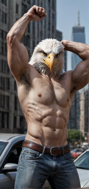 Create a man with a white eagle head in tight T-shirt leaned on his car. Hands behind his head, posing, wearing tight jeans, boots, city , outdoors, abs, looking painful, high detailed,photo r3al,Movie still, HDR, body hair, large biceps