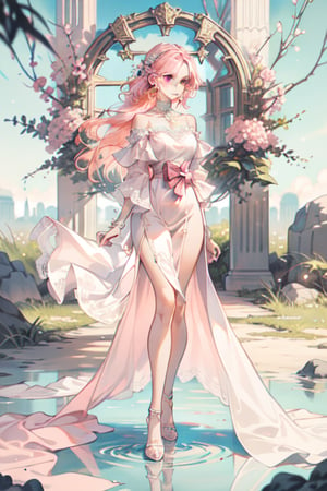 A beautiful young woman in her twenties with light pink hair and fair skin. She has deep pink, sparkling eyes, and elegant hair with side strands framing her cheeks. She is wearing a romantic lace-embellished dress, holding the hem with her hand. She stands lovingly with a soft, gentle smile, her pink hair lightly blowing in the wind. The scene exudes a romantic atmosphere, perfect for an illustration, animation, or a romantic fantasy novel cover. The colors are clear and pastel-toned