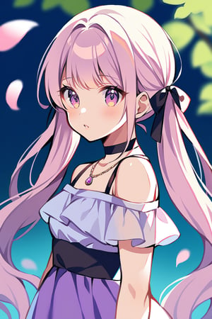 1girl, solo, long hair, looking at viewer, bangs, deep plum eyes, light pink hair, shirt, jewelry, upper body, outdoors, parted lips, necklace, blurry, lips, neckerchief, petals, blurry background, pastel colors, cat-like eyes, haughty princess-like personality, calm twin tails hairstyle, slightly tied side hair, very long hair flowing down to the waist, chiffon mini lilac dress, off-shoulder design with thin shoulder straps, modest bust size, black ribbon choker.

