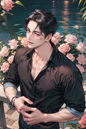 Score_9, score_8_up, score_7_up, Highly detailed, masterpiece, high quality, beautiful, high resolution, good details, 1man, solo, male focus, black eyes, black hair, outdoor, black dress shirt, jeans, blue roses, smile, looking up, from above, holding a bouquet of pink roses, smile, blush, happy, looking at viewer, mature man, 39 years old, muscular, fair skin, sharp features, 190cm tall, muscular build, CEO of a large company, SeKwang Group, very calculating and cynical personality, stern expression, intense gaze.






