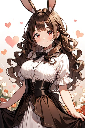 1girl, solo, looking at viewer, smile, red eyes, holding flowers, bunny girl, teenage, cute, blushing cheeks, bangs gathered, fluffy side hair, long hair (reaches waist), curly wavy hair, brown bunny ears, chocolate-colored ears, big breasts,






