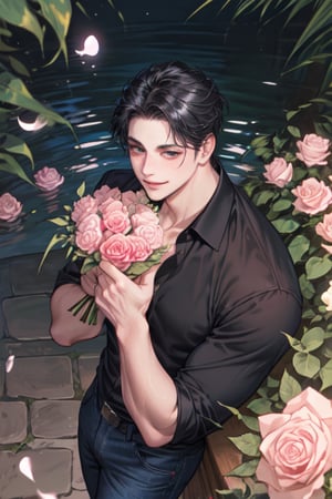 Score_9, score_8_up, score_7_up, Highly detailed, masterpiece, high quality, beautiful, high resolution, good details, 1man, solo, male focus, black eyes, black hair, outdoor, black dress shirt, jeans, blue roses, smile, looking up, from above, holding a bouquet of pink roses, smile, blush, happy, looking at viewer, mature man, 39 years old, muscular, fair skin, sharp features, 190cm tall, muscular build, CEO of a large company, SeKwang Group, very calculating and cynical personality, stern expression, intense gaze.best ratio four finger and one thumb








