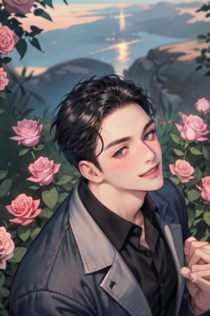 Score_9, score_8_up, score_7_up, Highly detailed, masterpiece, high quality, beautiful, high resolution, good details, 1man, solo, male focus, black eyes, black hair, outdoor, black dress shirt, jeans, blue roses, smile, looking up, from above, holding a bouquet of pink roses, smile, blush, happy, looking at viewer, mature man, 39 years old, muscular, fair skin, sharp features, 190cm tall, muscular build, CEO of a large company, SeKwang Group, very calculating and cynical personality, stern expression, intense gaze.






