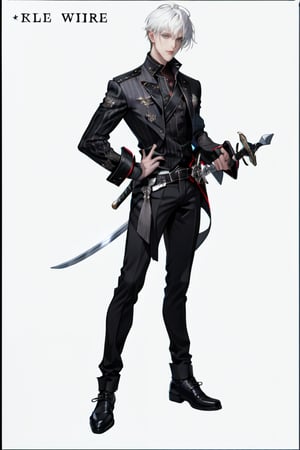 1boy, rating
, male_focus, striped, solo,  jacket, pants, shoes, weapon, full_body, standing, white_hair, sword. A man with a sword standing in front of a white background. His hair is a mix of gray and white, and he has a scar from a sword cut on his left cheek. He has a serious expression and black eyes. He is dressed in noble attire