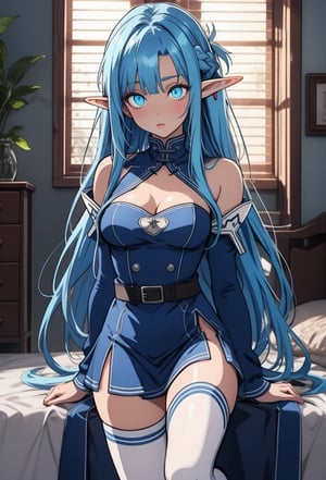 asunayuuki, , asuna yuuki, long hair, blue eyes, blue hair, pointy ears, elf, (small breast:1.2),BREAK thighhighs, dress, White uniform, detached sleeves, zettai ryouiki, white footwear, blue thighhighs,BREAK indoors, bed, bedroom,BREAK looking at viewer, BREAK , (masterpiece:1.2), best quality, high resolution, unity 8k wallpaper, (illustration:0.8), (beautiful detailed eyes:1.6), extremely detailed face, perfect lighting, extremely detailed CG, (perfect hands, perfect anatomy),Heise background wall, spotlight, shining hair, shining clothes,beautiful