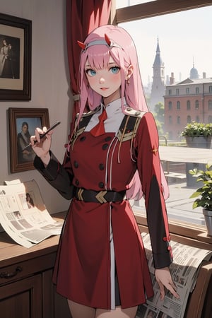 (((picture perfect))), (absurdres), 1girl, solo,zero two, military uniform, smirk, looking at viewer,newspaper, perfect for planing, beautiful