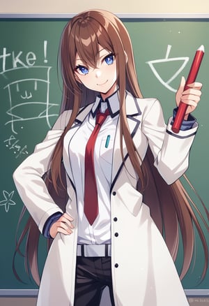 Source: Anime, Rating: Safe, 1 girl,Ai  makise kurisu,solo, long hair, looking at viewer, smile, blue eyes, brown hair, shirt, long sleeves, holding, hair between eyes, very long hair, closed mouth, standing, purple eyes, jacket, necktie, shiny, shiny hair, hand on hip, red necktie, straight hair, labcoat, chalkboard, chalk, makise kurisu