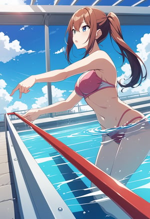 Source: Anime, Rating: Safe, 1 girl,Ai  makise kurisu, sexy body, watching the audience, anime style, illustration, blue sky and white clouds, school pool, pink swimsuit, swimming preparation in progress