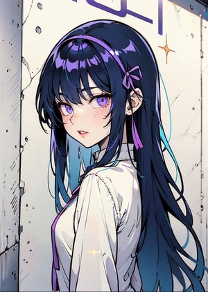 1girl, solo, long hair, looking at viewer, bangs, blue eyes, ribbon, blue hair, purple eyes, hair ribbon, upper body, purple hair, parted lips, from side, profile, floating hair, Gangfeng newspaper background wall, Glittering hair and hair bands,Shiny clothes,beautiful