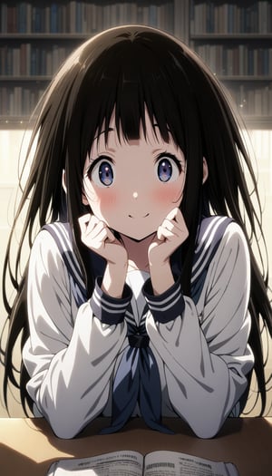 1girl, chitanda eru, hyouka, solo, sitting, hands on table, straight on, long hair, school uniform, long sleeves, smile, library, upper body, masterpiece, best quality, very aesthetic, absurdres,eru chitanda,Gangfeng newspaper background wall, Glittering hair and Clothes, white light, beautiful