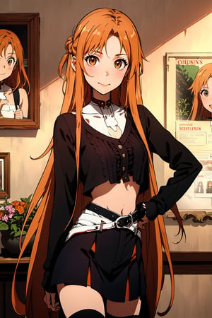 1girl,long hair, black sweater,v-neck,leather skirt,black thighhighs,hazel eyes, smile,orange hair, standing, midriff,belt,morning_light,newspaper, newspaper wall,((masterpiece, best quality, highly detailed, goodcomposition)), best quality:1.5),yuuki asuna