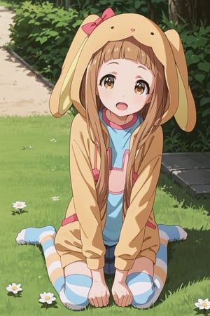 score_9, score_8_up, score_7_up, score_6_up, source_anime, (ultra-detailed:1.5),
Score_Anime,

looking at viewer, Outdoor, grass, sitting

ichihara nina, long hair, brown hair, brown eyes, bangs, blunt bangs

ichrnina_AA, hood, hood up, bow, hoodie, rabbit costume,striped thighhighs,open mouth,

,(((5_fingers))),beautiful_female_fingers,