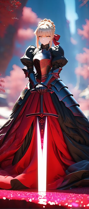 1girl,  solo,(((full body))),  knightess,  majesty,  armored dress,  standing,  (hands on hilt,  planted sword:1.3),  masterpiece,  best quality,  very aesthetic looking at viewer, bangs, blonde hair, long sleeves, dress, ribbon, holding, closed mouth, standing, yellow eyes, weapon, braid, sidelocks, puffy sleeves, sword, armor, black dress, gauntlets, french braid, serious, breastplate,more detail XL, saber alter,(AlterSaver)
64k resolution, beautiful, stunning, ultra detailed, expressive, hypermaximalist, colorful, rich deep color, glamour, anime art, fantasy art, brush strokes, , 16k, UHD, HDR, (Masterpiece:1.5) , Absurdres, (best quality:1.5) , Anime style photo, Manga style, Digital art, glow effects, Hand drawn, render, octane render, cinema 4d, blender, dark, atmospheric 4k ultra detailed, cinematic sensual, Sharp focus, hyperrealistic, big depth of field, Masterpiece, colors, 3d octane render, concept art, trending on artstation,