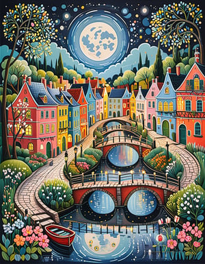 whimsical drawing of a charming town crossed by a water canal, with small bridges, bathed in moonlight, depicted in vibrant colors and the charming simplicity of naive art.