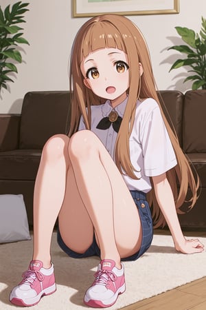 score_9, score_8_up, score_7_up, score_6_up, source_anime, (ultra-detailed:1.5),
Score_Anime,

looking at viewer, Living room, sofa,sitting

ichihara nina, long hair, brown hair, brown eyes, bangs, blunt bangs

hair bow, collared shirt,shorts

,open mouth,

,(((5_fingers))),beautiful_female_fingers,