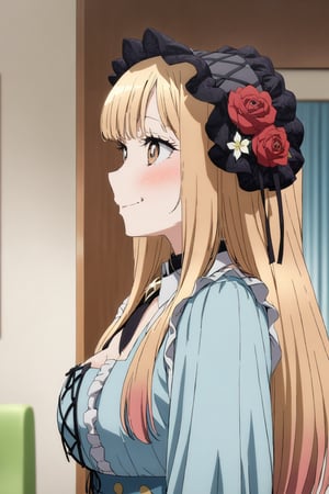 1girl, ^_^, bangs, black choker, blonde hair, blue skirt, blurry, blush, bonnet, collared shirt, *******, detached collar, from side, hair flower, horns, jewelry, kitagawa marin, long hair, parody, portrait, smile,soloLiving room, shiny hair and clothes,sexy