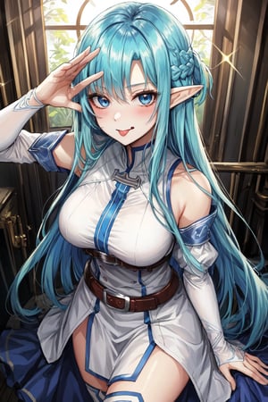 8k, ultra-detailed, perfect anatomy, High detailed, detailed background, beautiful face, score_9, score_8_up, score_7_up, score_6_up, score_5_up, score_4_up,

1girl, solo, long hair, breasts, looking at viewer, blush, bangs, blue eyes, dress, bare shoulders, closed mouth, blue hair, upper body, braid, sidelocks, detached sleeves, pointy ears, belt, indoors, elf, french braid, asuna \(sao\), from above,
repuscular rays,light sparkles,Vibrant color saturation, Key light, very clear and precise images, female_solo, from above,

((cowboy shot)), face forcus, tongue_out, wink, salute, sitting on slide, park,


,beautiful_female_fingers,perfect hands,detailed hands,beautiful hands,asuna yuuki