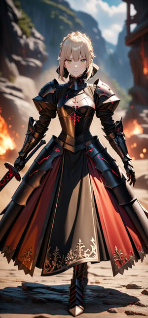 1girl, solo,(((full body))), knightess, majesty, armored dress, standing, (Holding the handle with both hands and waving the sword1.3), masterpiece, best quality, very aesthetic looking at viewer, bangs, blonde hair, long sleeves, dress, ribbon, holding, closed mouth, standing, yellow eyes, weapon, braid, sidelocks, puffy sleeves, sword, armor, black dress, gauntlets, french braid, serious, breastplate,more detail XL, saber alter,(AlterSaver)64k resolution, beautiful, stunning, ultra detailed, expressive, hypermaximalist, colorful, rich deep color, glamour, anime art, fantasy art, brush strokes, , 16k, UHD, HDR, (Masterpiece:1.5) , Absurdres, (best quality:1.5) , Anime style photo, Manga style, Digital art, glow effects, Hand drawn, render, octane render, cinema 4d, blender, dark, atmospheric 4k ultra detailed, cinematic sensual, Sharp focus, hyperrealistic, big depth of field, Masterpiece, colors, 3d octane render, concept art, trending on artstation,