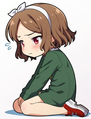 Chibi character,1girl,tomo ebizuka, short hair, hairband, brown hair,red eyes,shoes,very long shirt,solo, full body, embarrassed, blush,sitting, white background, masterpiece, best quality, very aesthetic, absurdres,from side