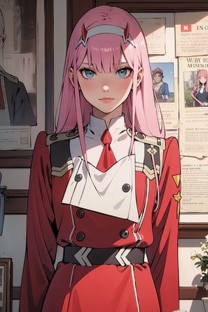 (((picture perfect))), (absurdres), 1girl, solo,zero two, military uniform, smirk, looking at viewer,newspaper, perfect for planing, beautiful