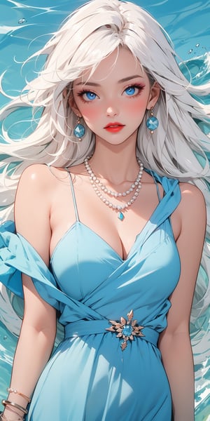 1girl, solo, long hair, breasts, looking at viewer, blue eyes, dress, cleavage, bare shoulders, jewelry, medium breasts, upper body, white hair, earrings, parted lips, hand up, water, necklace, bracelet, parted bangs, makeup, blue dress, gem, blue nails, red lips, pearl necklace