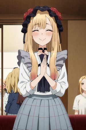 1girl, ^_^, bangs, black choker, blonde hair, White school uniform,Look at the audience, blush, bonnet,  hair flower, horns, jewelry, kitagawa marin, long hair, smile,solo,Vague living room, shiny hair and clothes,sexy,Delicate hands