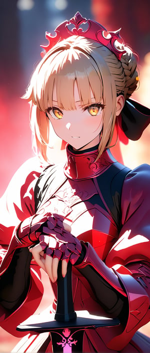 1girl,  solo,  upper body,  knightess,  majesty,  armored dress,  standing,  (hands on hilt,  planted sword:1.3),  masterpiece,  best quality,  very aesthetic looking at viewer, bangs, blonde hair, long sleeves, dress, ribbon, holding, closed mouth, standing, yellow eyes, weapon, braid, sidelocks, puffy sleeves, sword, armor, black dress, gauntlets, french braid, serious, breastplate,more detail XL, saber alter,(AlterSaver)
64k resolution, beautiful, stunning, ultra detailed, expressive, hypermaximalist, colorful, rich deep color, glamour, anime art, fantasy art, brush strokes, , 16k, UHD, HDR, (Masterpiece:1.5) , Absurdres, (best quality:1.5) , Anime style photo, Manga style, Digital art, glow effects, Hand drawn, render, octane render, cinema 4d, blender, dark, atmospheric 4k ultra detailed, cinematic sensual, Sharp focus, hyperrealistic, big depth of field, Masterpiece, colors, 3d octane render, concept art, trending on artstation,