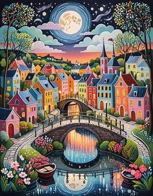 whimsical drawing of a charming town crossed by a water canal, with small bridges, bathed in moonlight, depicted in vibrant colors and the charming simplicity of naive art.