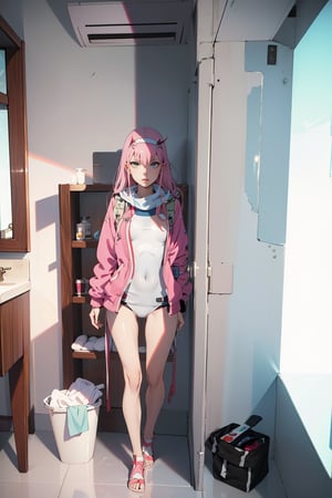 (((picture perfect))), (absurdres), 1girl, solo,zero two, Swimsuit, bathroom, night, white light, smirk, looking at viewer, perfect for planing, beautiful