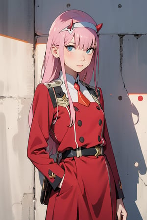 (((picture perfect))), (absurdres), 1girl, solo,zero two, military uniform, smirk, looking at viewer